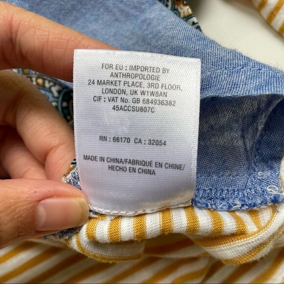 Anthropologie Postmark Striped Yellow 3/4 Blouse, Blue Paisley Front‎ sz XS - Picture 8 of 10